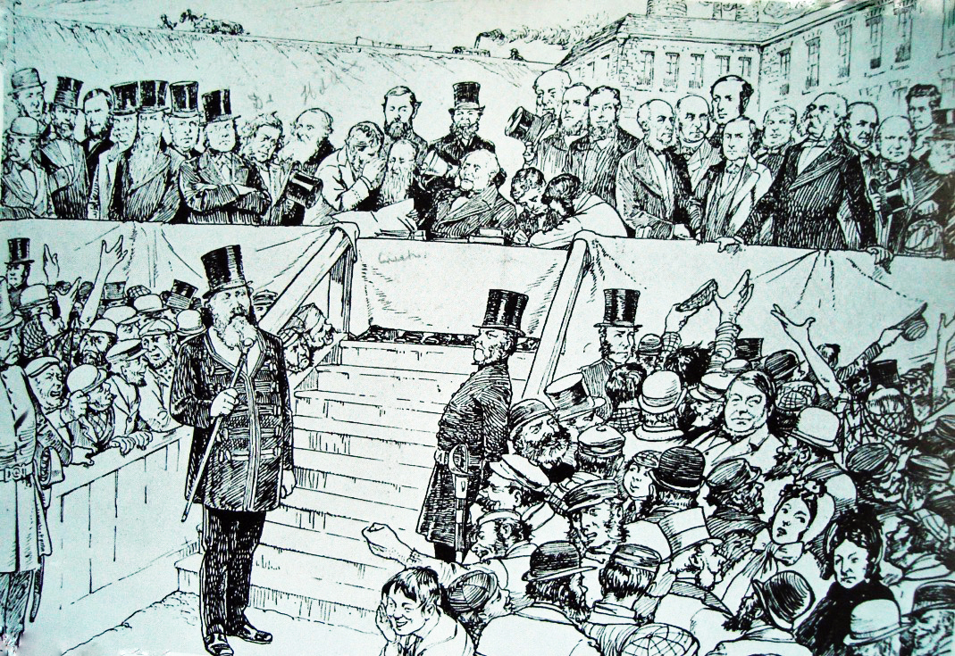 Sketch of the 1868 Election Hustings at the Cattle Market Burnley